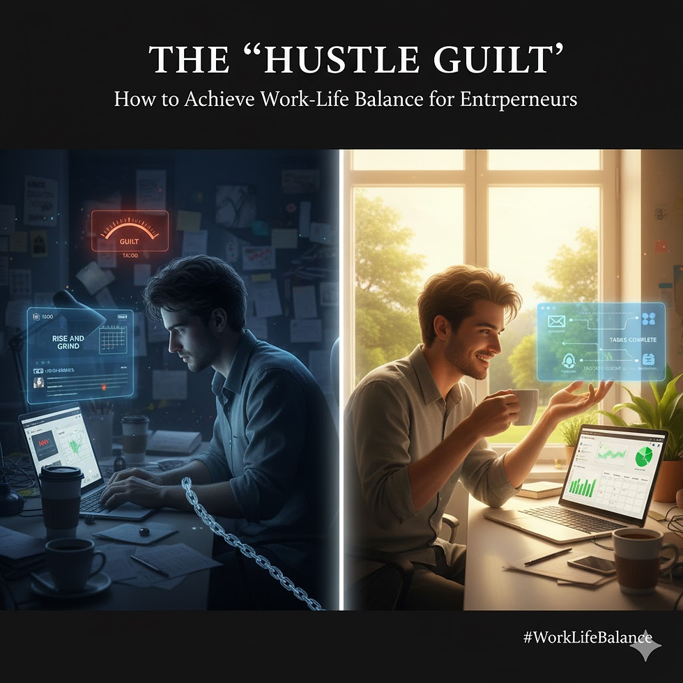 Two images show a man working: left, stressed in a dark room; right, relaxed in a bright room. Text reads: The “Hustle Guilt”.