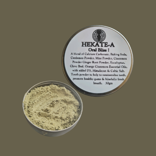 Open tin of Hekate-a Oral Bliss showing all natural tooth powder ingredients. Closed tin showing a list of ingredients