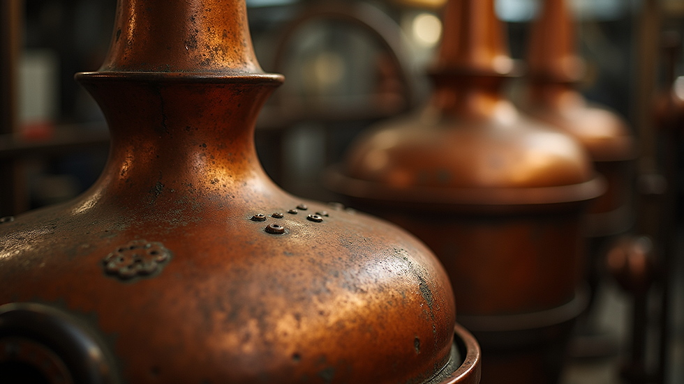 Close-up of a vintage copper still used for artisanal liquor distillation