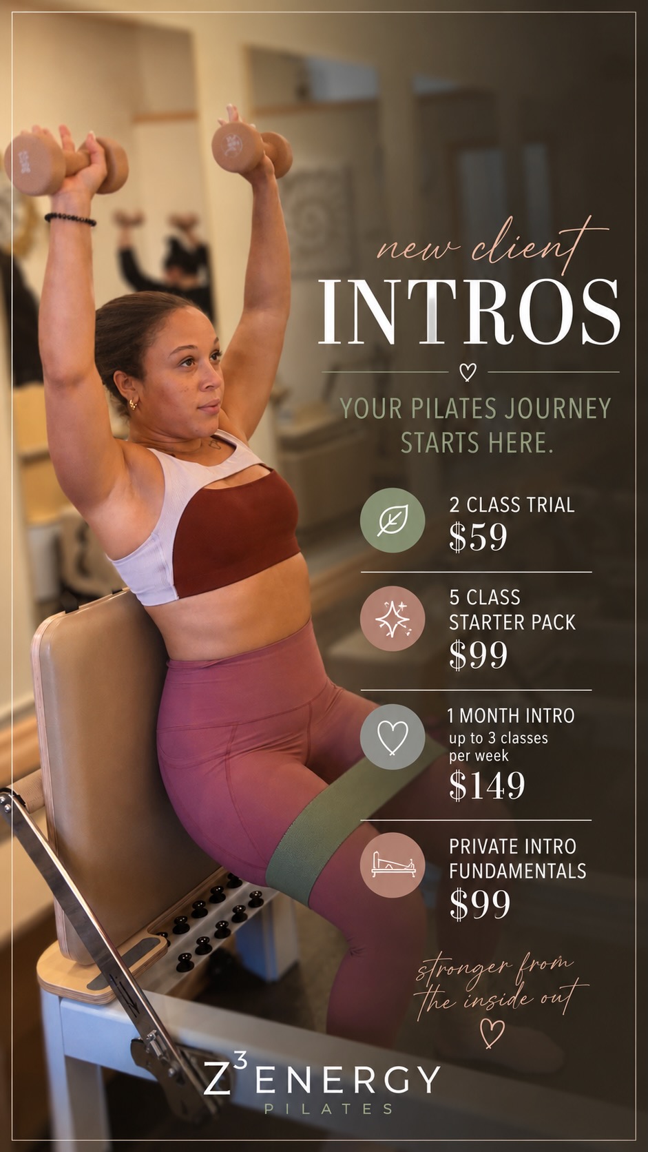 Z3Energy Pilates New Client Intro offers for Bergen County reformer Pilates