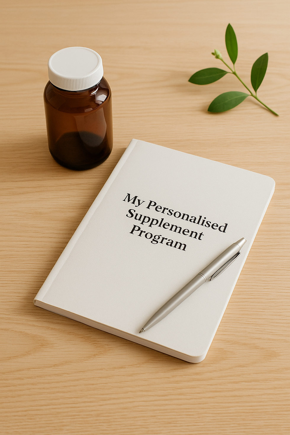 Simple wooden table with an amber supplement bottle and a closed notebook titled "My Personalised Supplement Program," with a pen resting on top, suggesting personalised, intentional health support.