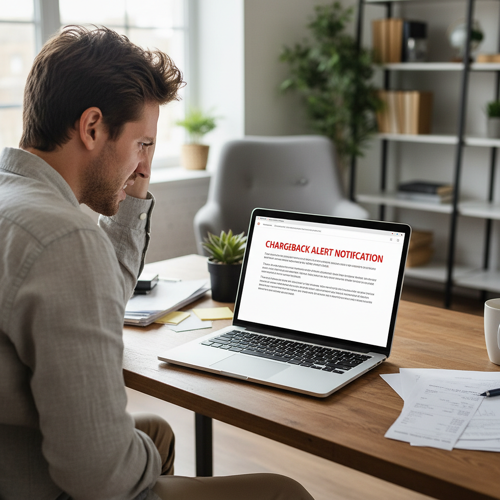 Frustrated merchant viewed over the shoulder with chargeback alert email visible on laptop screen