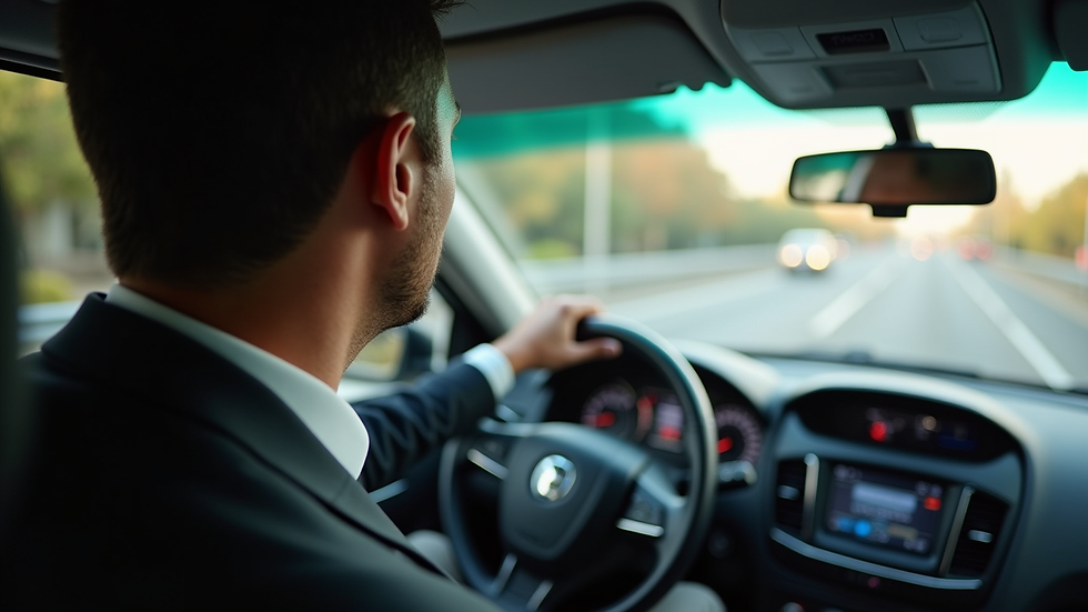 Plano medio de un conductor profesional saludando desde el asiento del conductor de un taxi