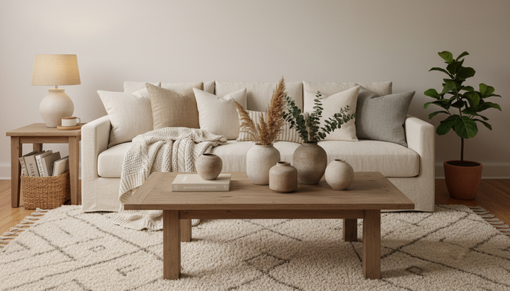 Wide-angle view of a cozy living room with layered pillows, a woven throw, ceramic vases, and warm table lighting.