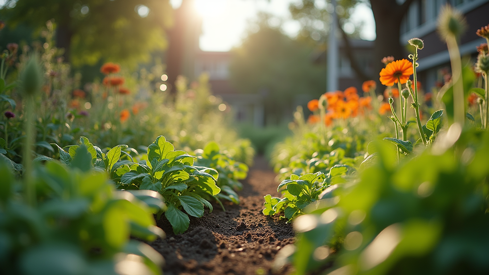 Eye-level view of a community garden with diverse plants