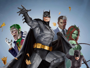 Batman, Robin, and other costumed characters on the cover of Batman: The Long Halloween.