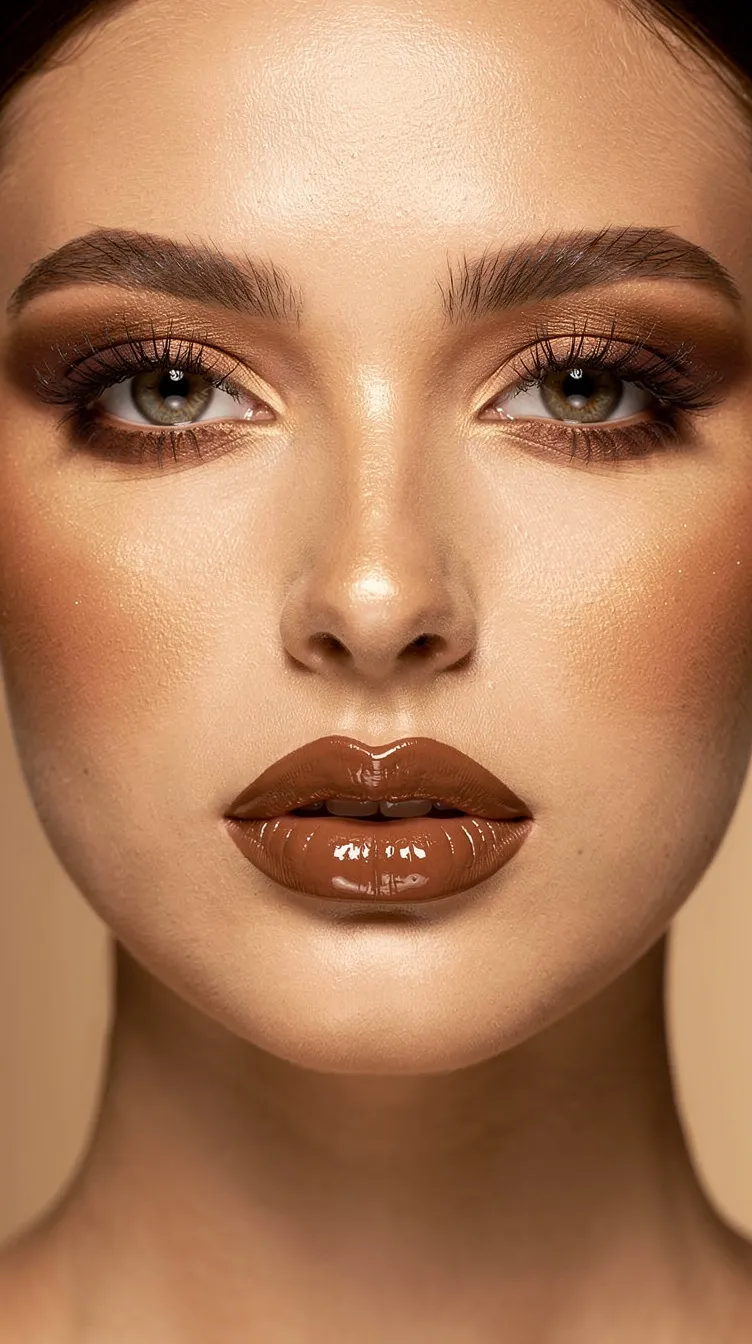 Close-up of a person with glossy brown lips and bold eye makeup. Smooth complexion, neutral background, and focused expression.