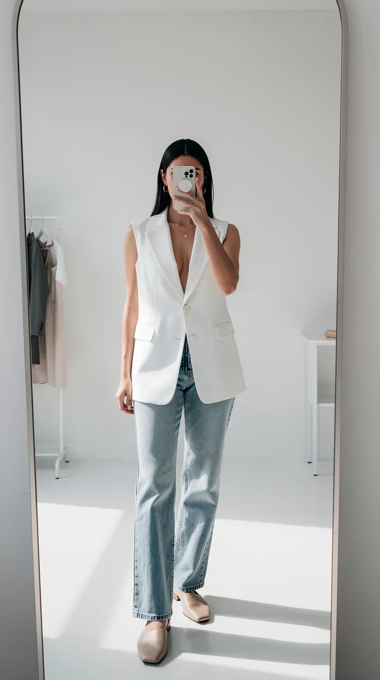 The White Button-Up Vest and Light Wash Denim Look