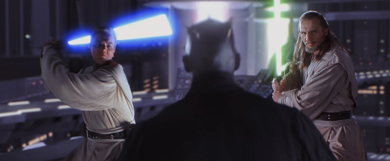 Obi-Wan Kenobi and Qui-Gon Jinn fight Darth Maul in The Phantom Menace