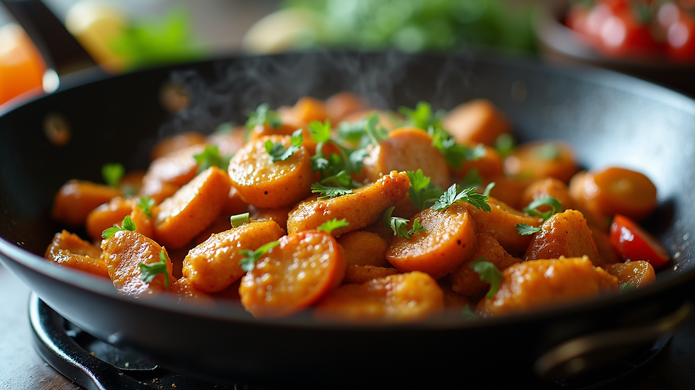 Eye-level view of a colourful chicken stir-fry in a frying pan