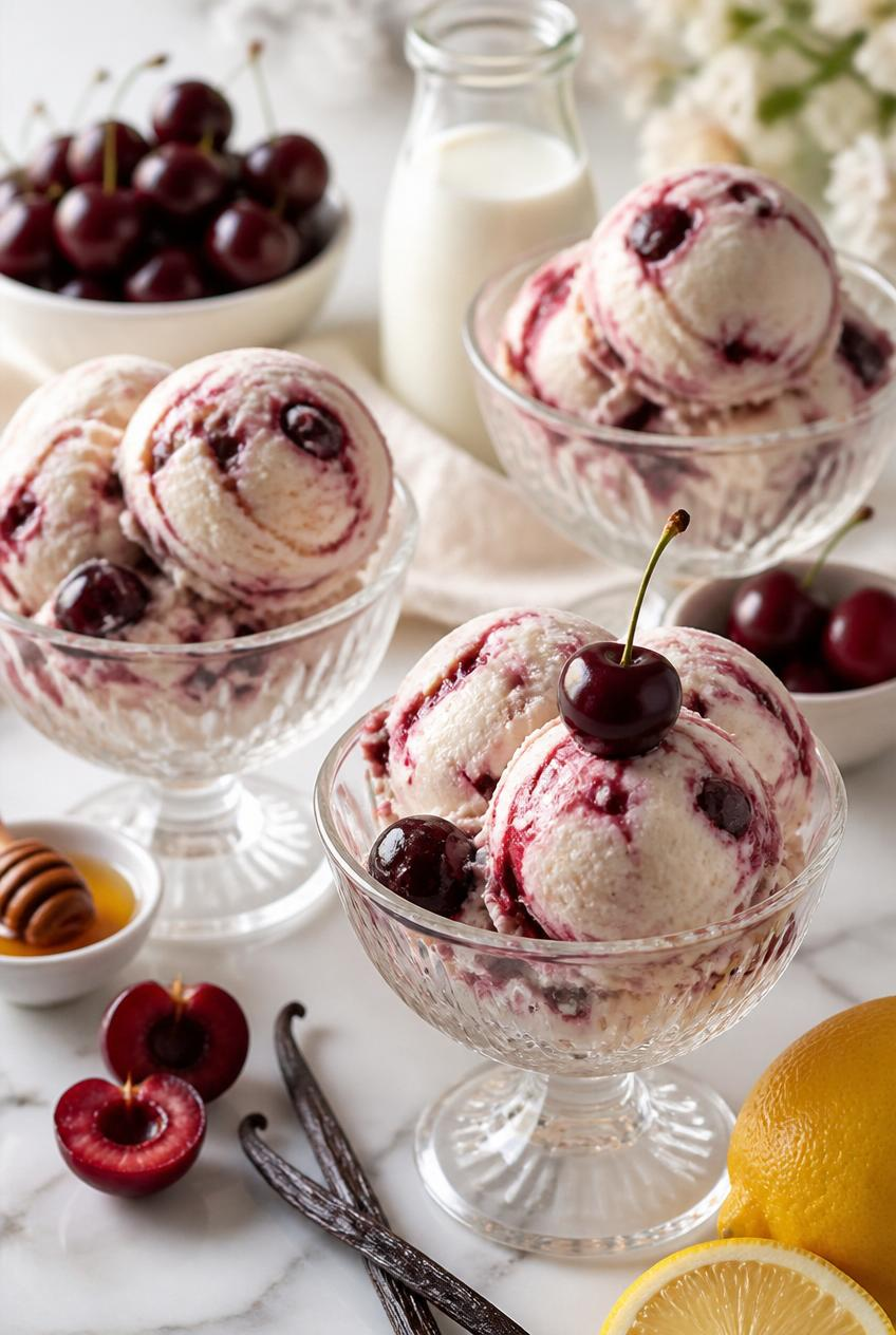 Cherry vanilla ice cream scoops in glass bowls with cherries, milk, honey, lemons and vanilla beans on a bright white surface.