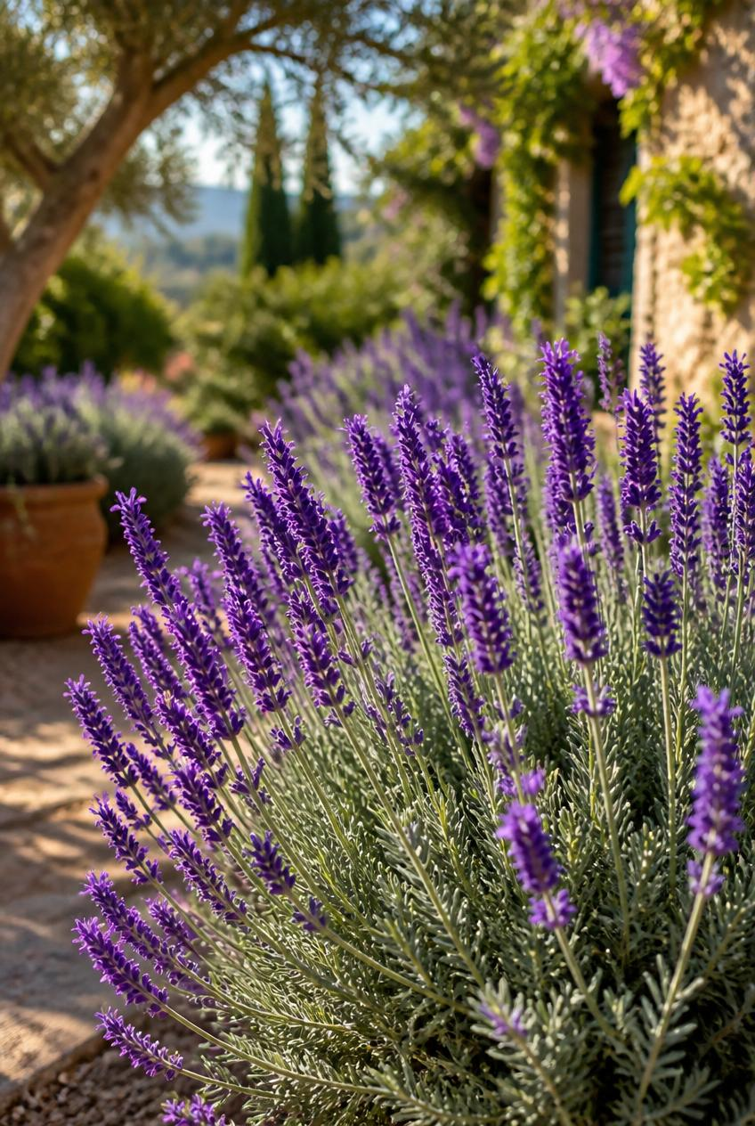 Blooming lavender spikes in a sunny garden path beside a terracotta pot and stone house, with a calm, fragrant feel