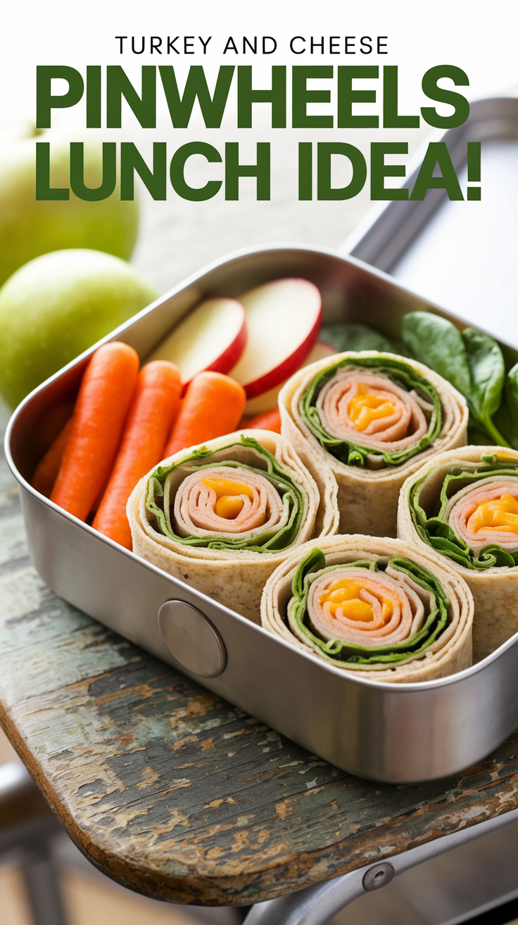 Lunchbox with turkey and cheese pinwheels, carrots, and apple slices. Green apple in the background. Text reads: "Turkey and Cheese Pinwheels Lunch Idea!"