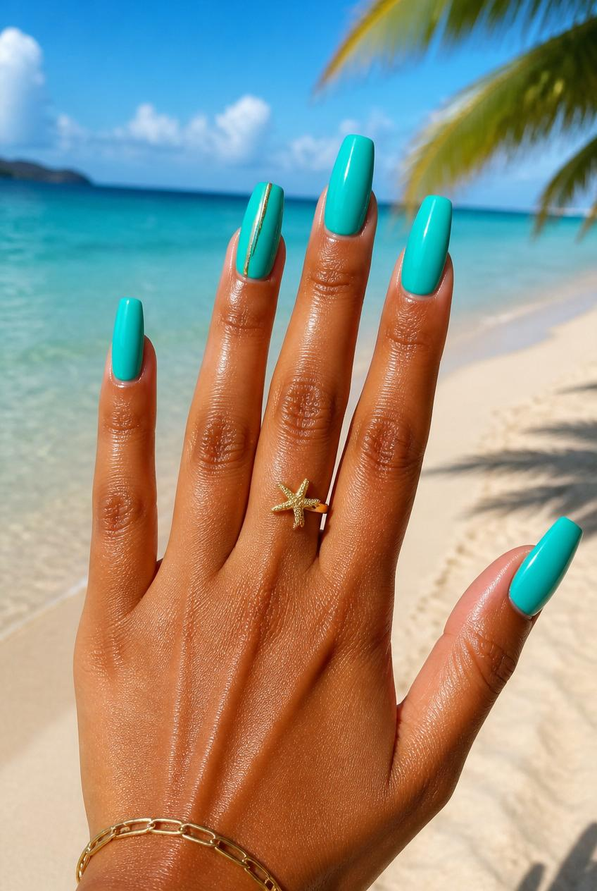 Hand with turquoise nails and starfish ring held up on a sunny tropical beach with blue water and palm fronds.