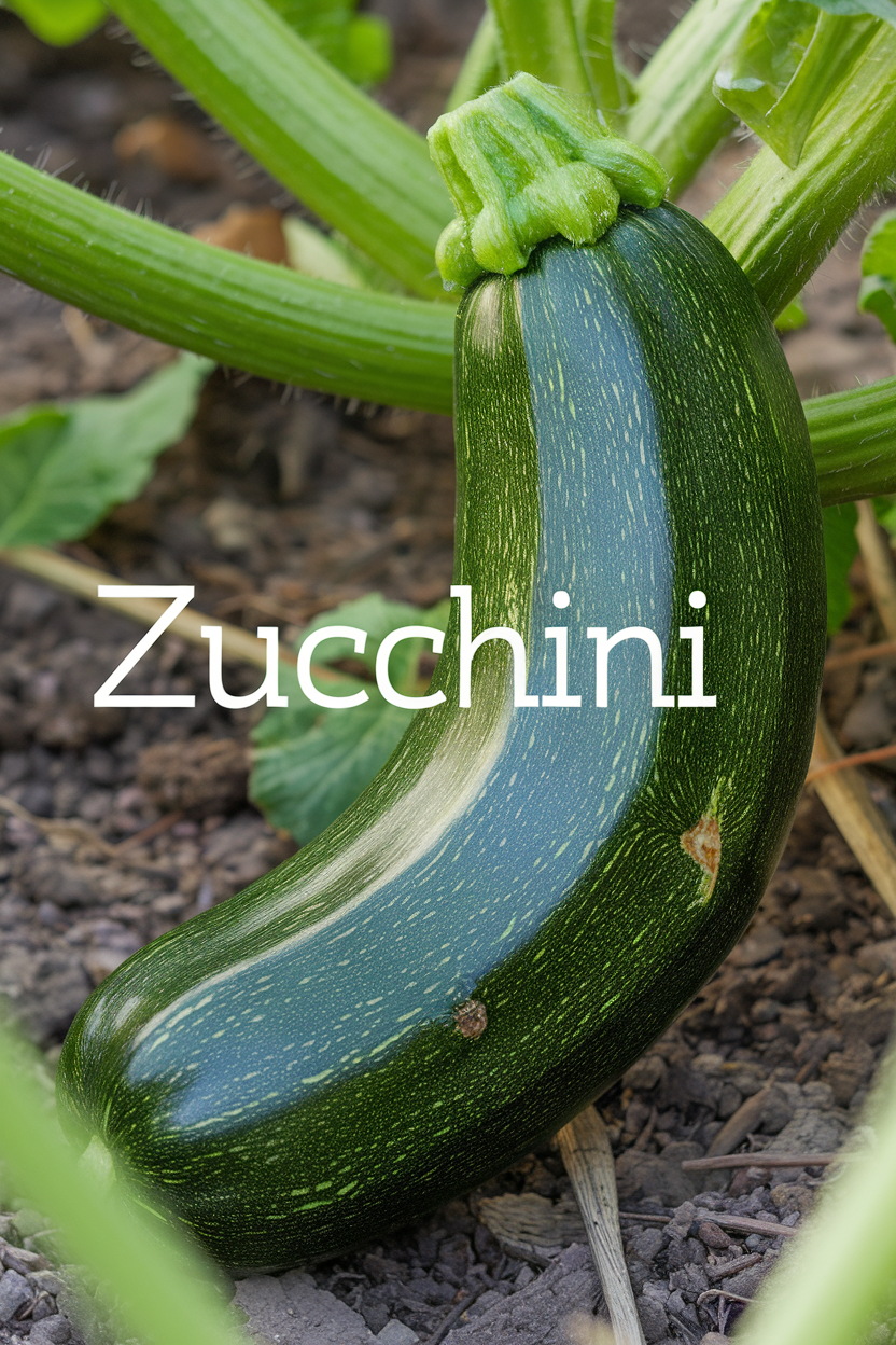 Close-up of a green zucchini growing in soil with green leaves, text "Zucchini" overlay, natural setting with earthy tones.