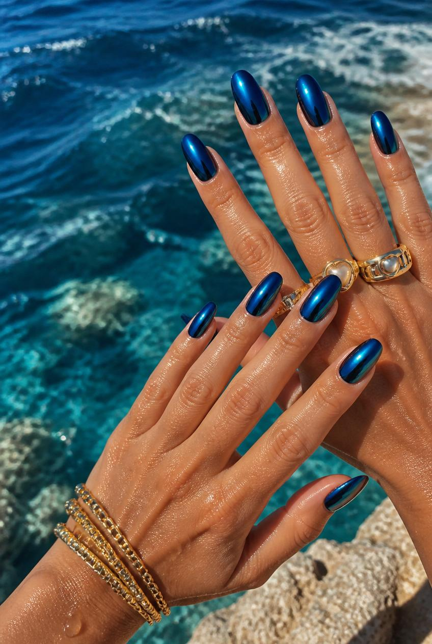 Hands with metallic blue nails, gold rings and bracelets over sunlit turquoise ocean.