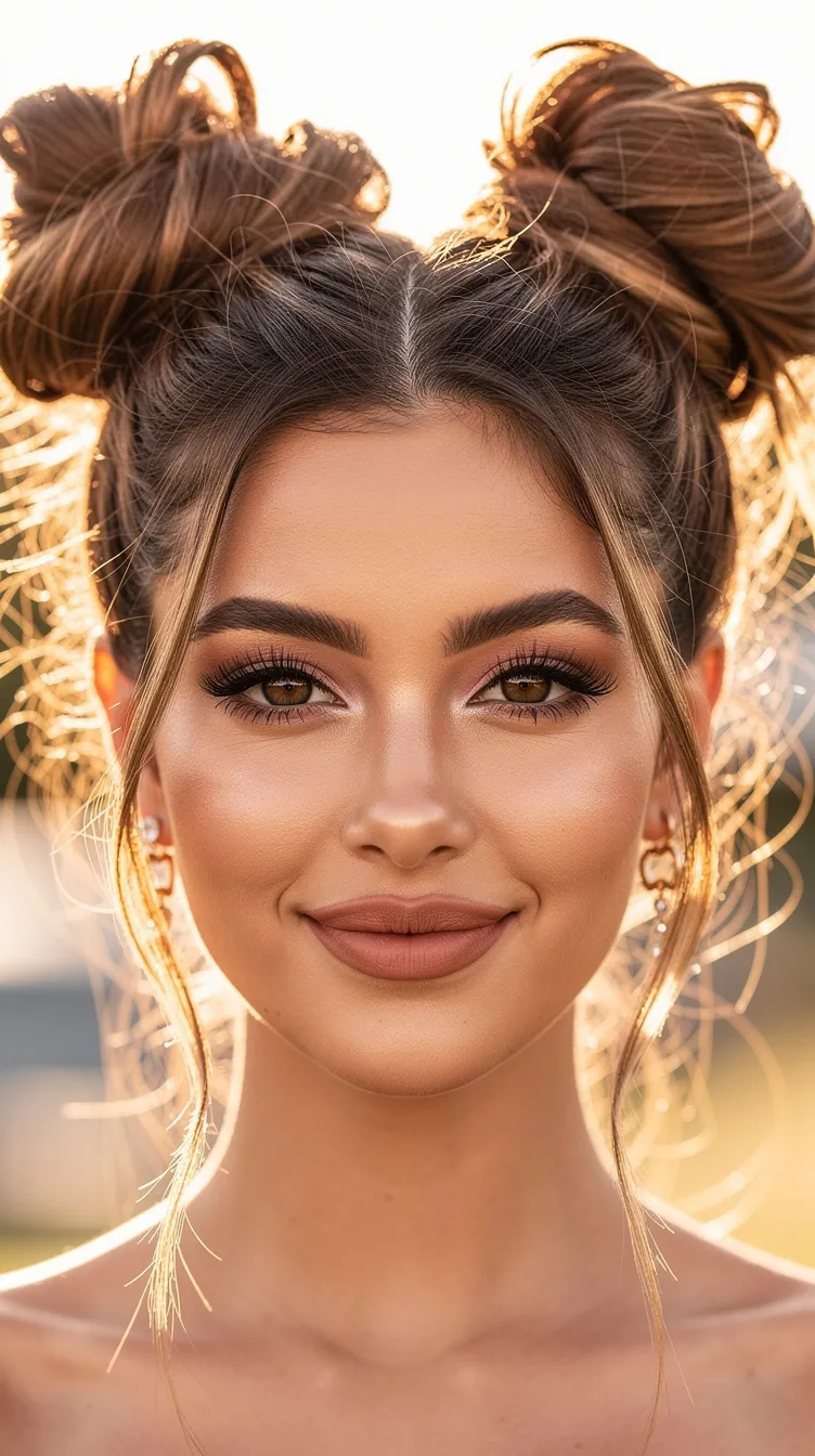 Smiling woman with double buns hairstyle, glowing makeup, and dangling earrings. Sunlit backdrop creates a warm, cheerful ambiance.