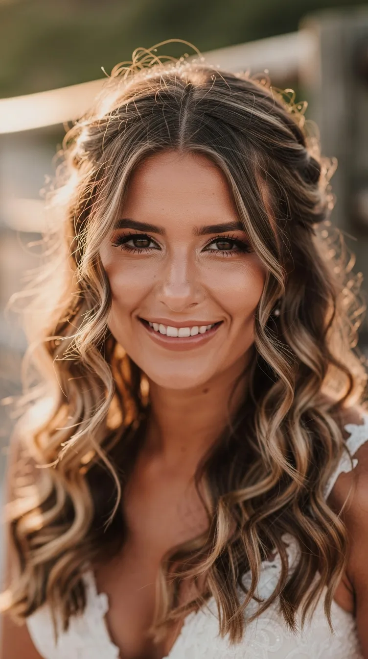 Woman with wavy hair smiles warmly in sunlight. Wears white lace attire with blurred outdoor background, radiating happiness.