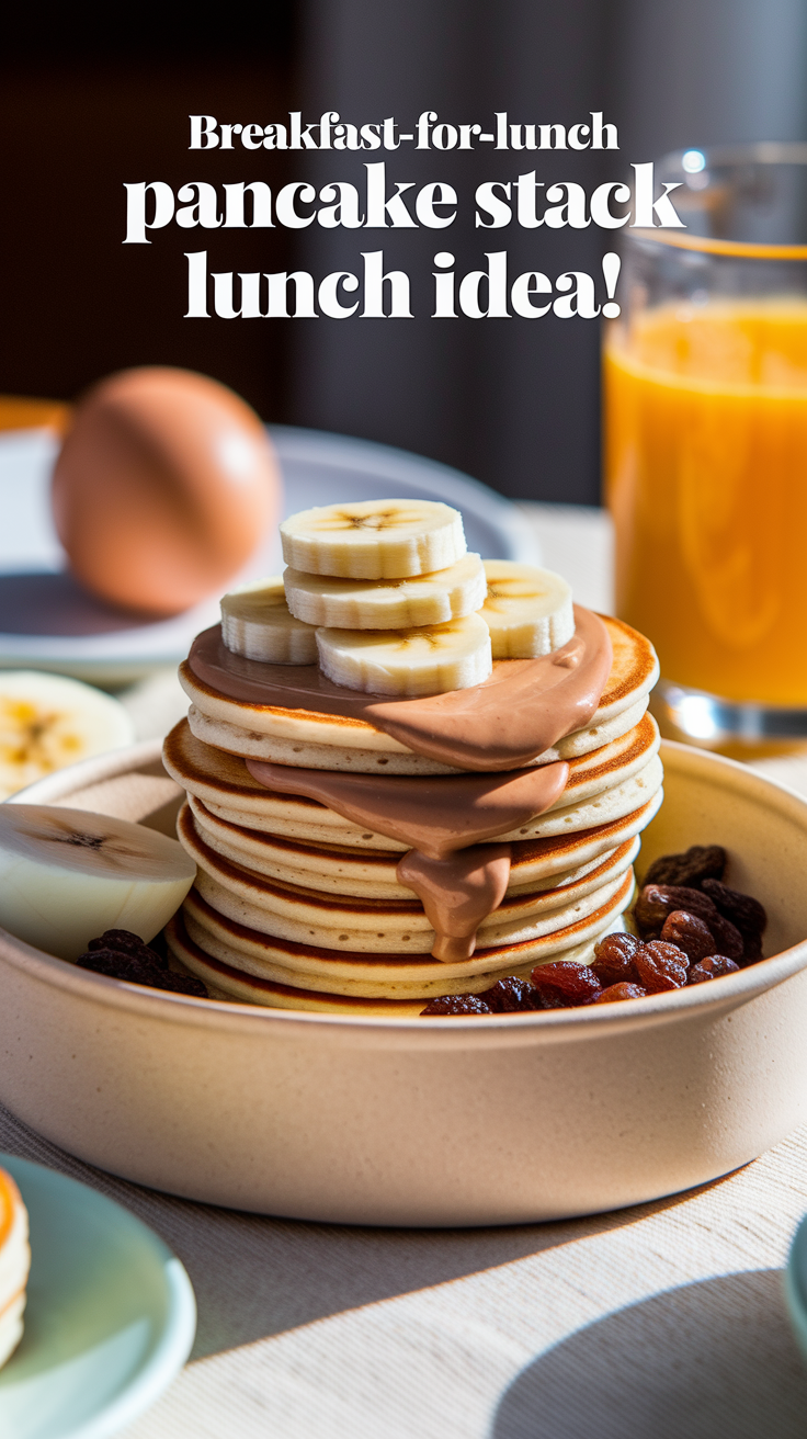 Pancake stack with chocolate and banana in a bowl, served with juice. Text: "Breakfast-for-lunch pancake stack lunch idea!"