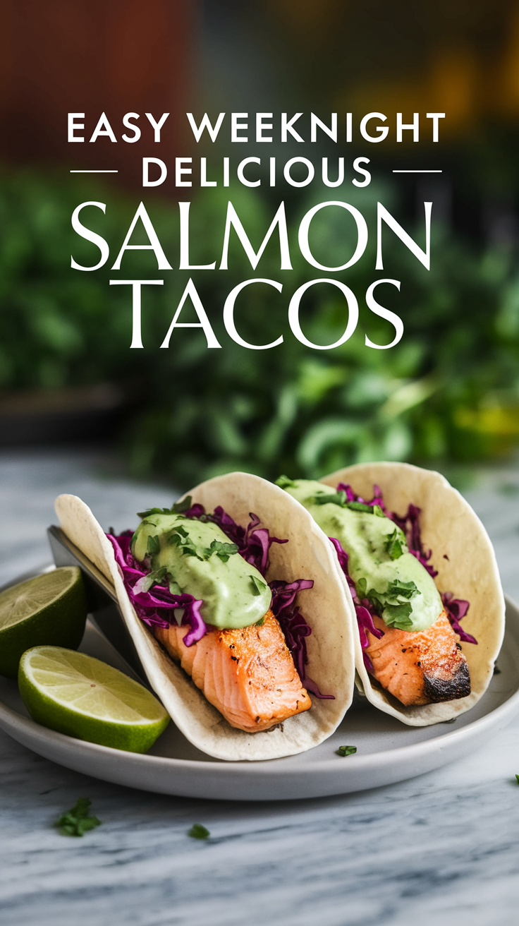 Two salmon tacos with purple cabbage and green sauce on a plate, accompanied by lime. Text: "Easy Weeknight Delicious Salmon Tacos."