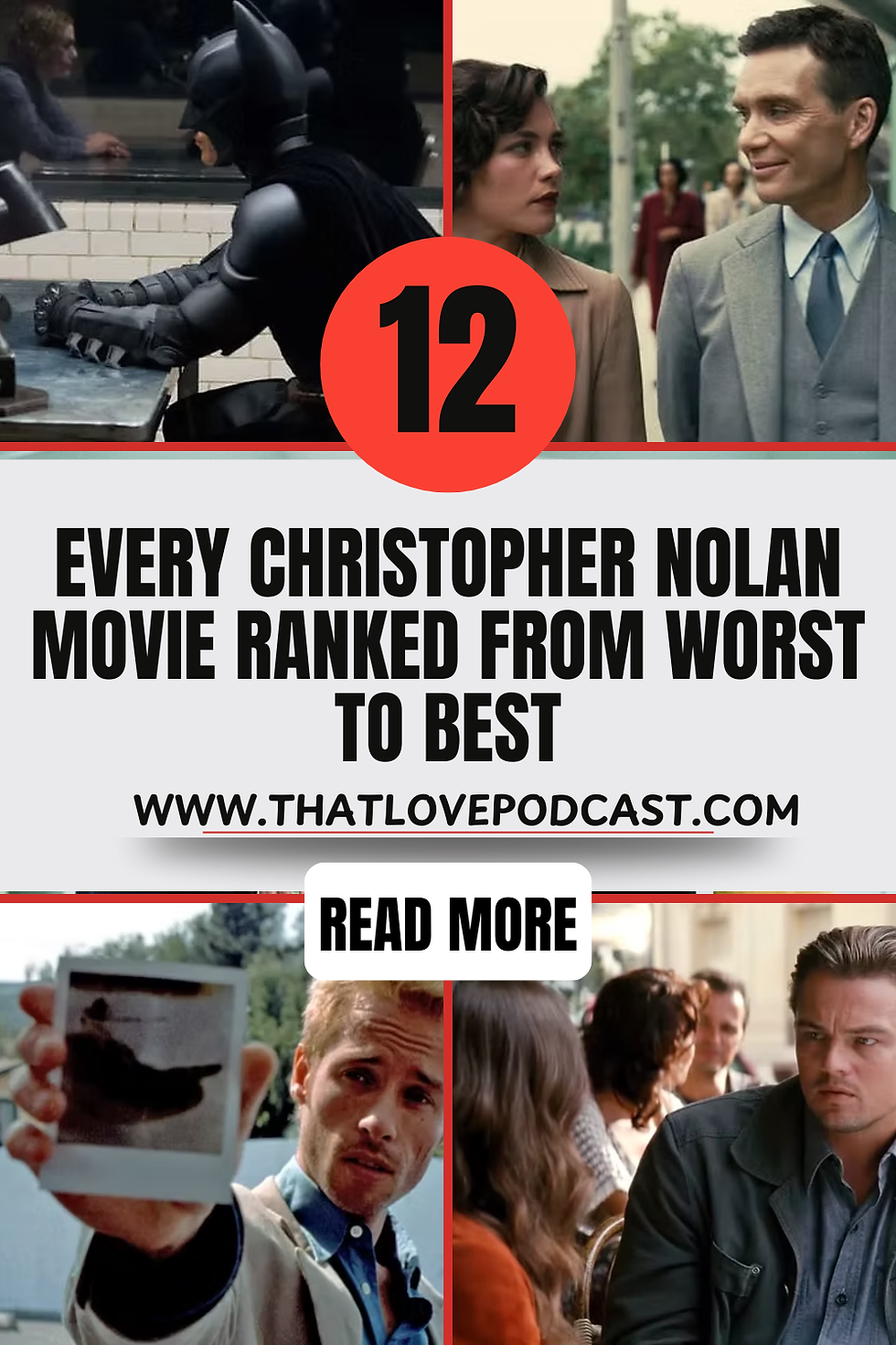 Collage of Christopher Nolan film stills with Batman and actors, plus bold text: Every Christopher Nolan movie ranked from worst to best