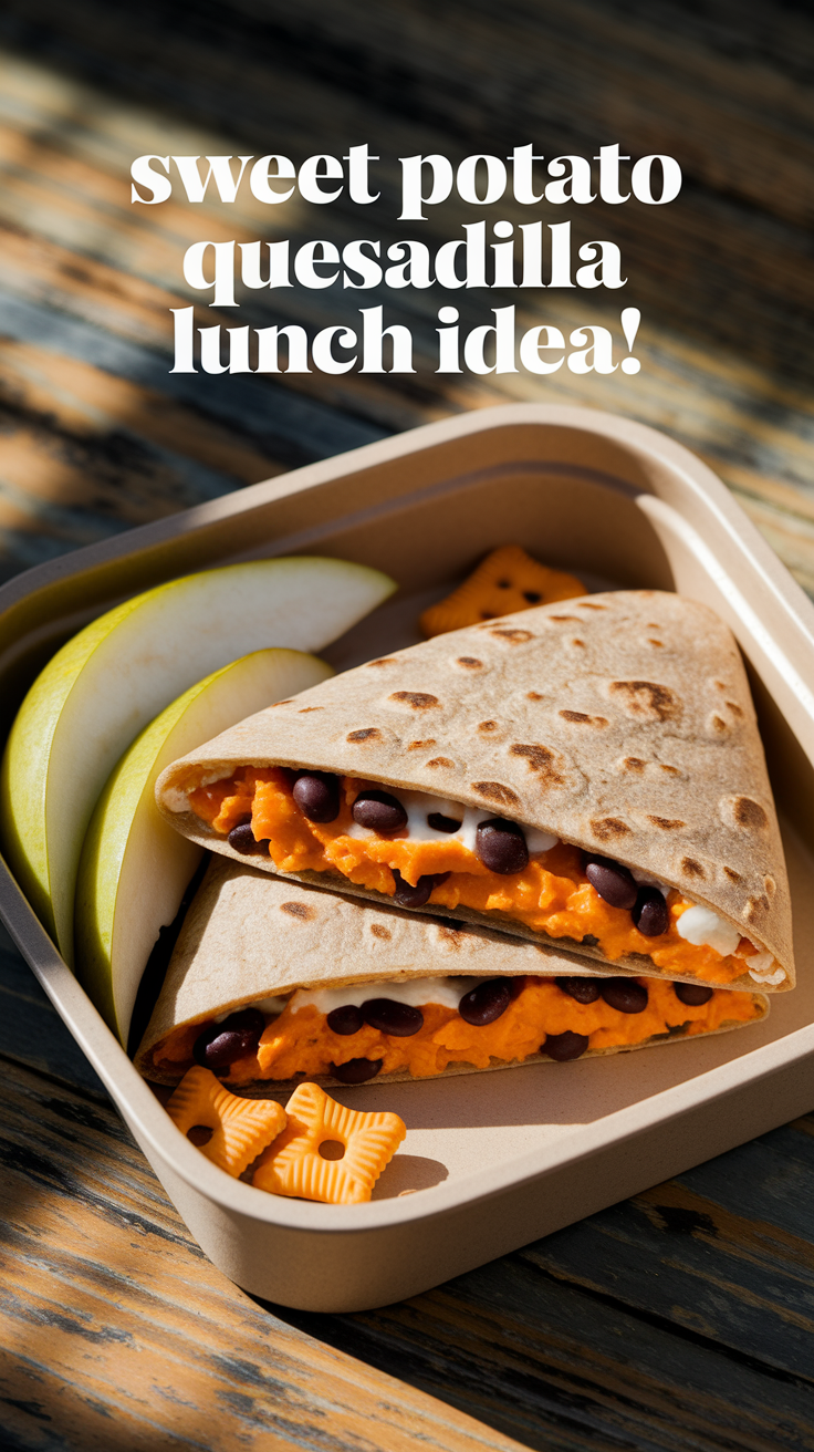 Sweet potato quesadilla with black beans and cheese in a lunchbox, alongside sliced pears and crackers. Text: "Sweet potato quesadilla lunch idea!"
