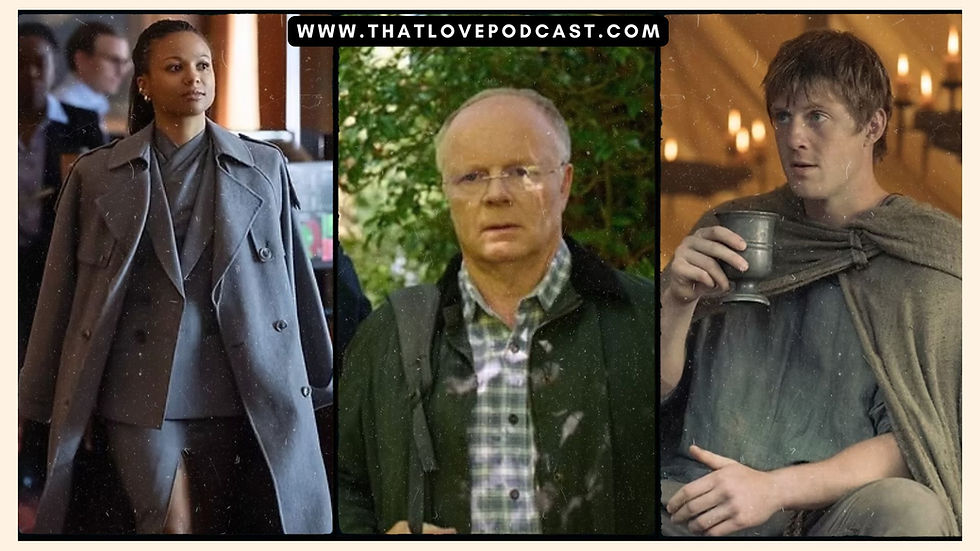Three people are shown in a split image: a woman in a gray suit, a man in a plaid shirt outdoors, and a man indoors with a goblet. "WWW.THATLOVEPODCAST.COM" is visible above.