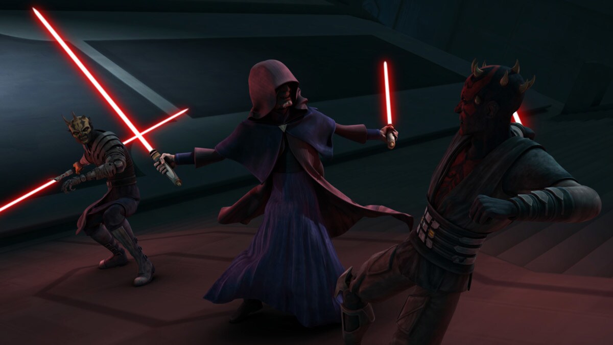 Darth Sidious duels Darth Maul and Savage Opress in The Clone Wars