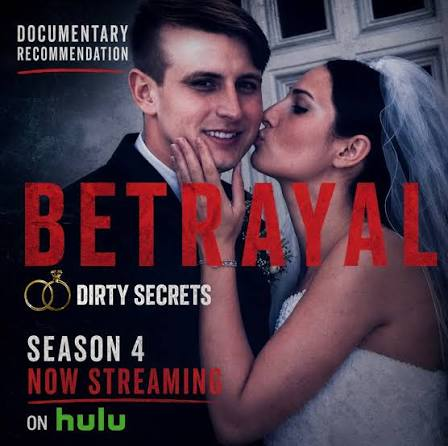 Bride kisses groom’s cheek on a dark poster for Betrayal: Dirty Secrets; Season 4 now streaming on Hulu.
