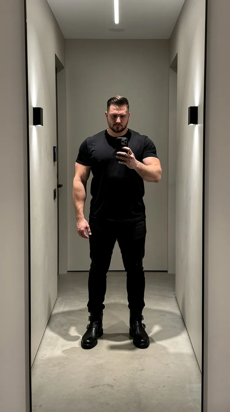 Man in black outfit takes a mirror selfie in a minimalist hallway with neutral tones and modern lighting.