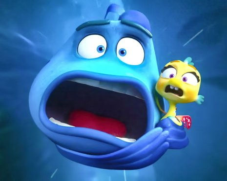 Blue cartoon fish panics with mouth open while holding a smaller yellow character against a stormy blue background