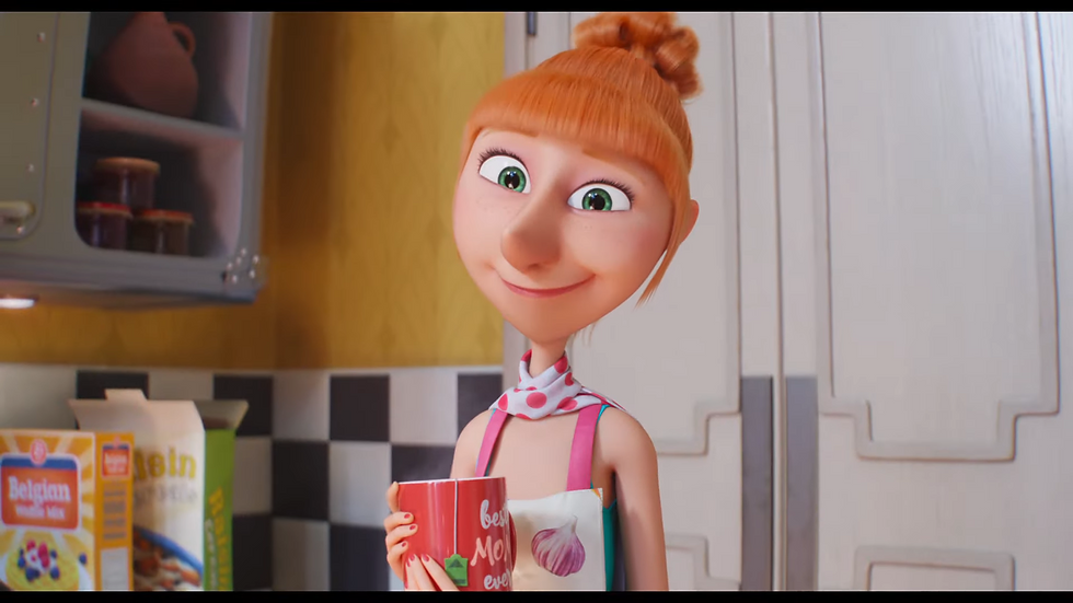 Animated red-haired woman smiles in a kitchen, holding a red mug labeled best mom ever.