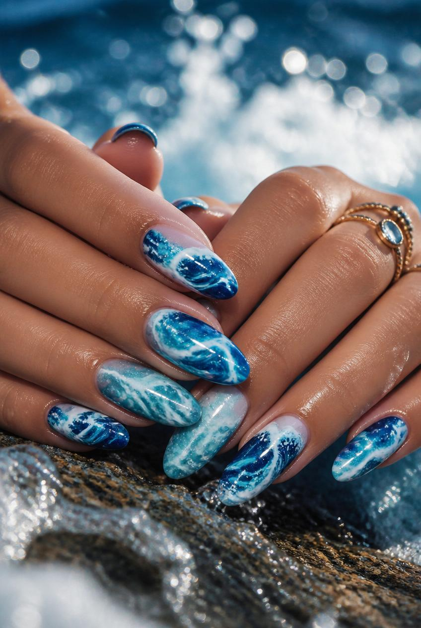 Close-up of hands with blue ocean-wave nail art and gold rings resting on wet rocks by sparkling water.