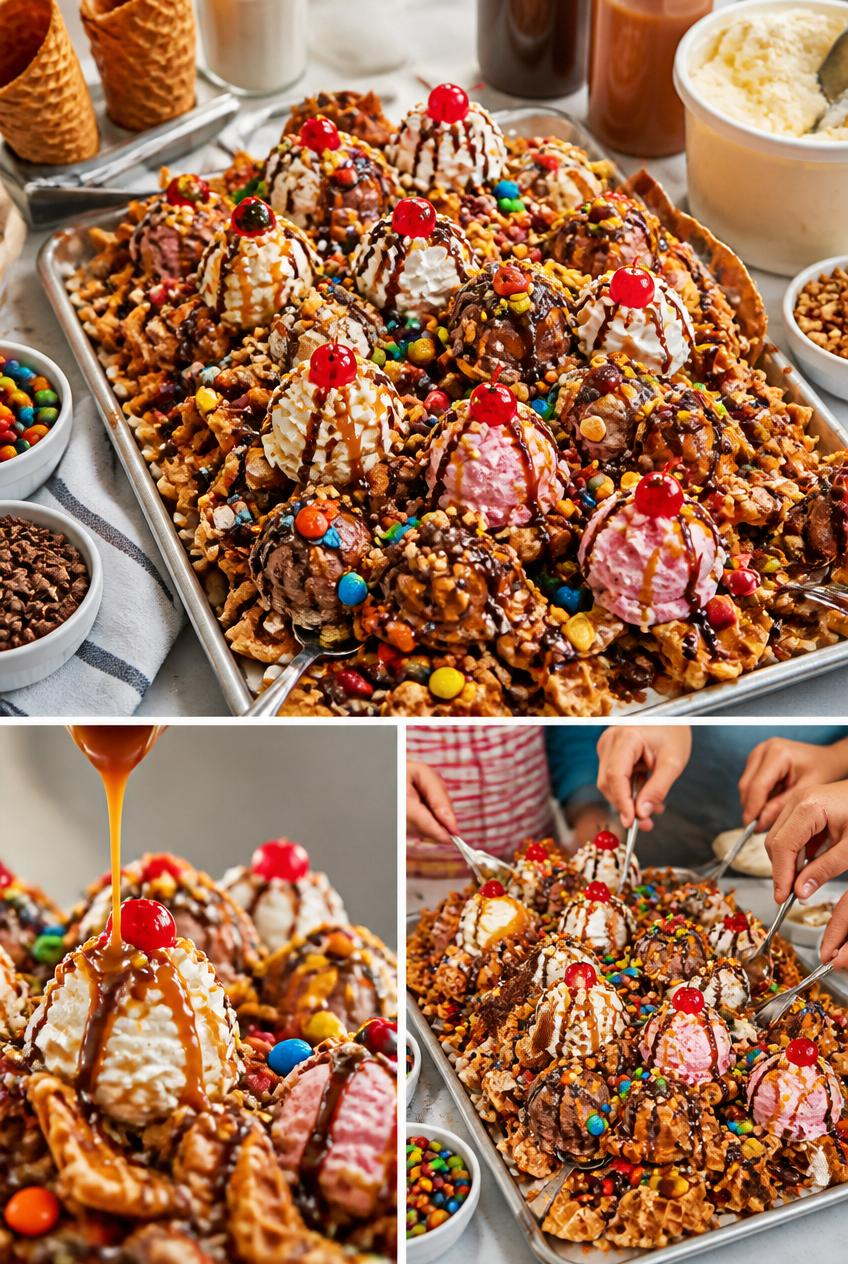 Tray of waffle nachos topped with ice cream scoops, cherries, chocolate drizzle and candy; hands scoop dessert in a bright kitchen