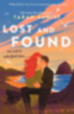 Book cover of Lost and Found by Tarah DeWitt: red-haired woman and dark-haired man embrace on a beach at sunset, with birds and cliffs.