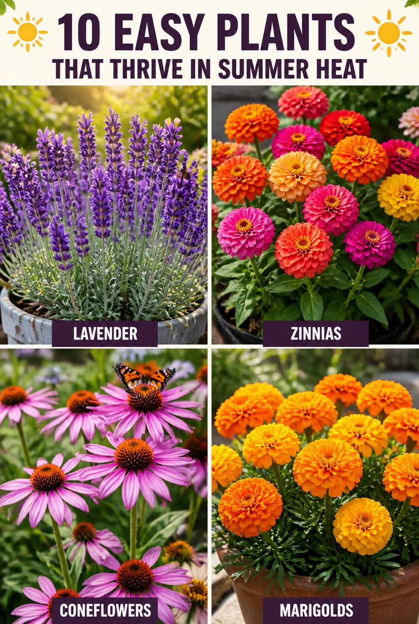 Infographic titled 10 Easy Plants That Thrive in Summer Heat, showing lavender, zinnias, coneflowers, and marigolds in bloom.