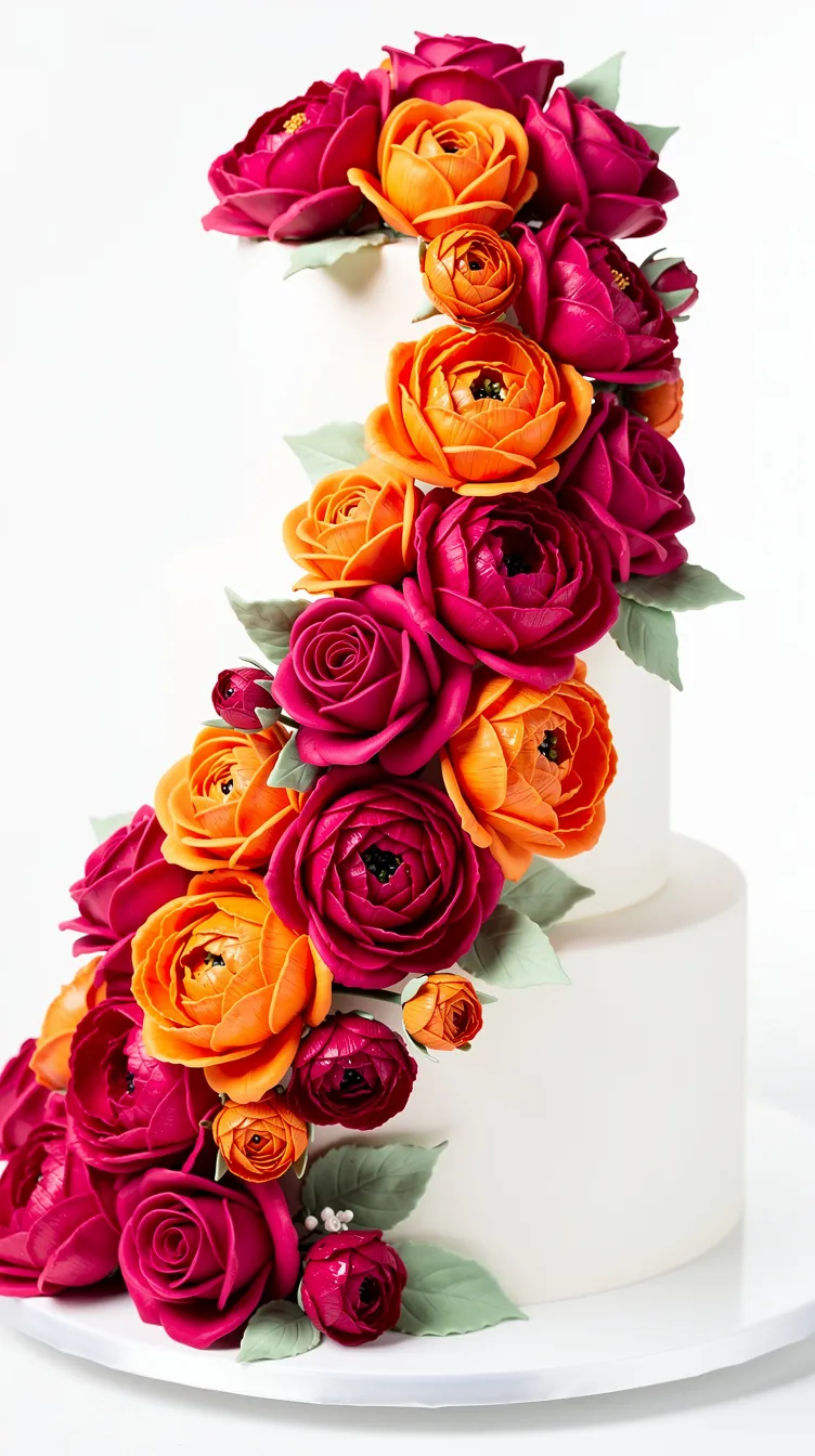 White two-tier cake adorned with cascading pink and orange flowers. Green leaves accent the vibrant arrangement. Clean white background.