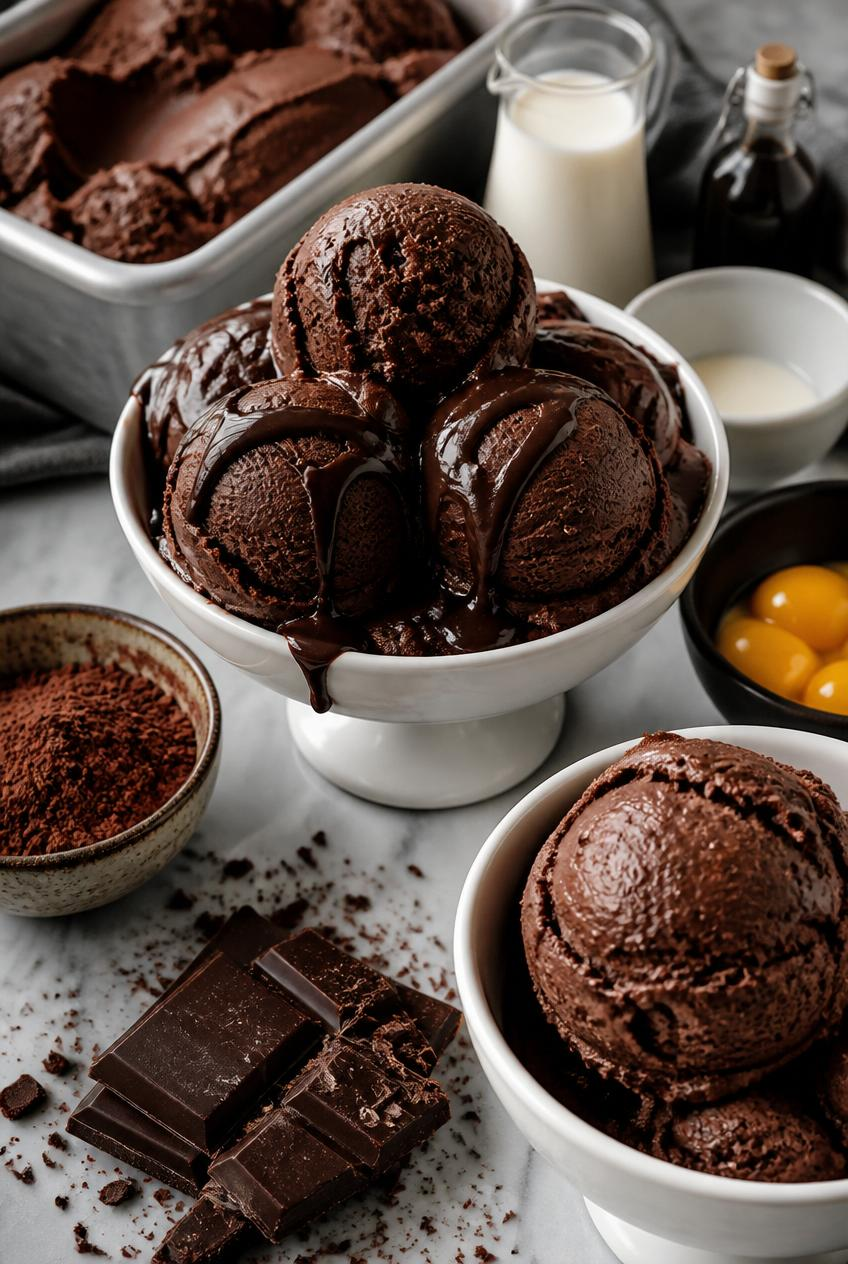 Chocolate ice cream scoops in white bowls with glossy drizzle, cocoa powder and chocolate bars on a marble counter, cozy dessert prep.