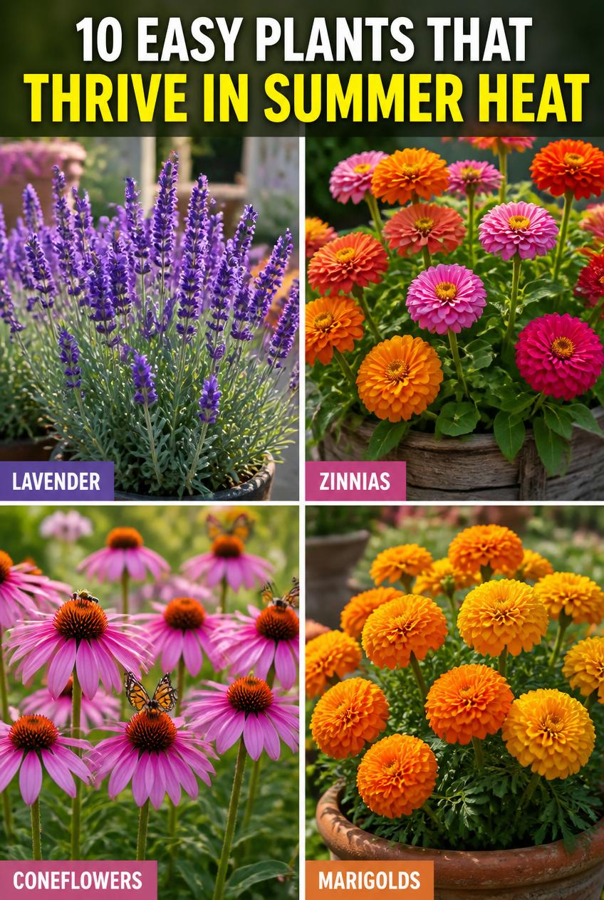 Collage of colorful flowers with title 10 Easy Plants That Thrive in Summer Heat: lavender, zinnias, coneflowers, marigolds.