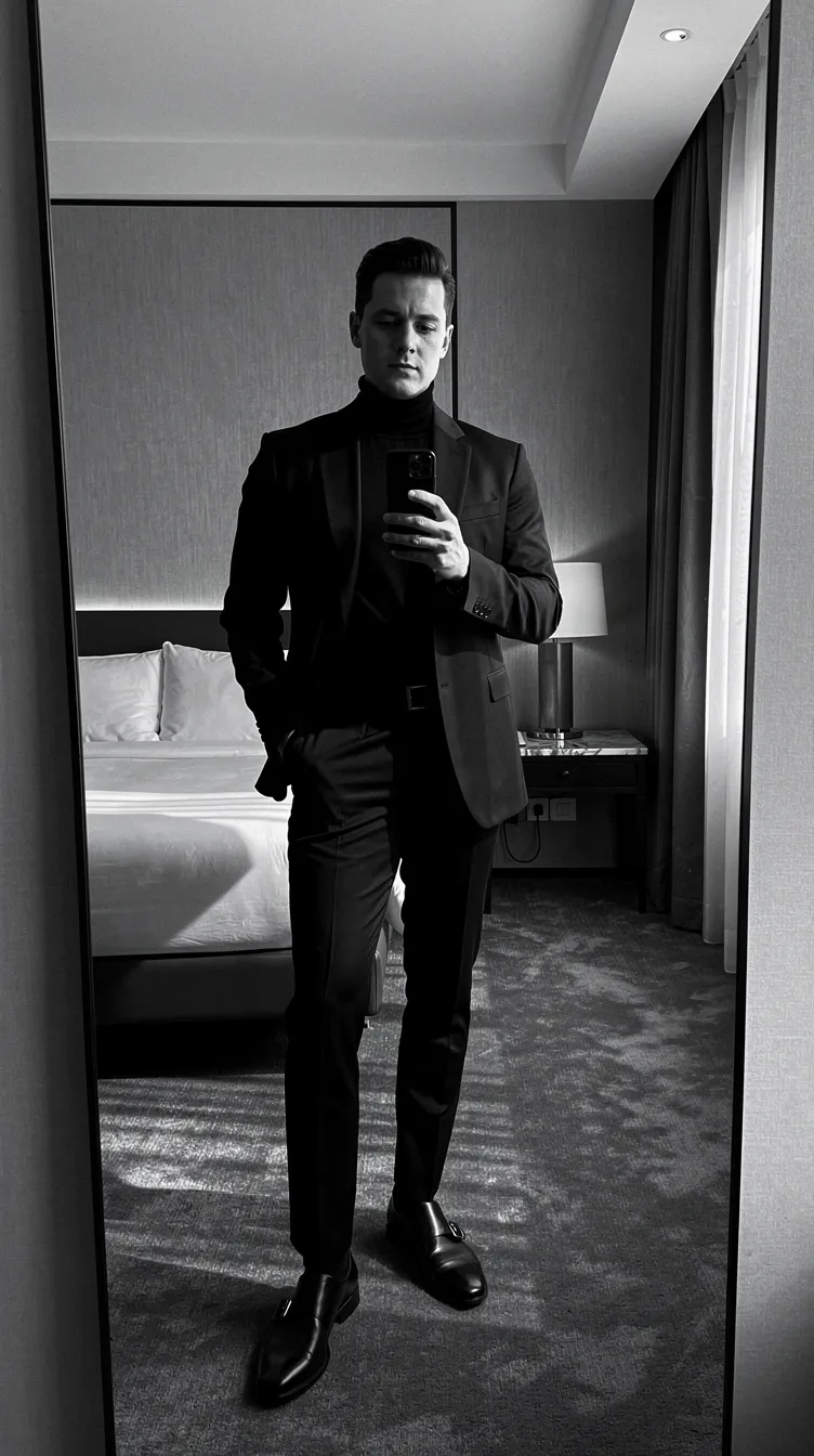 Man in a black suit taking a mirror selfie in a hotel room. Bed and lamp are visible in the background. Monochrome, sophisticated mood.