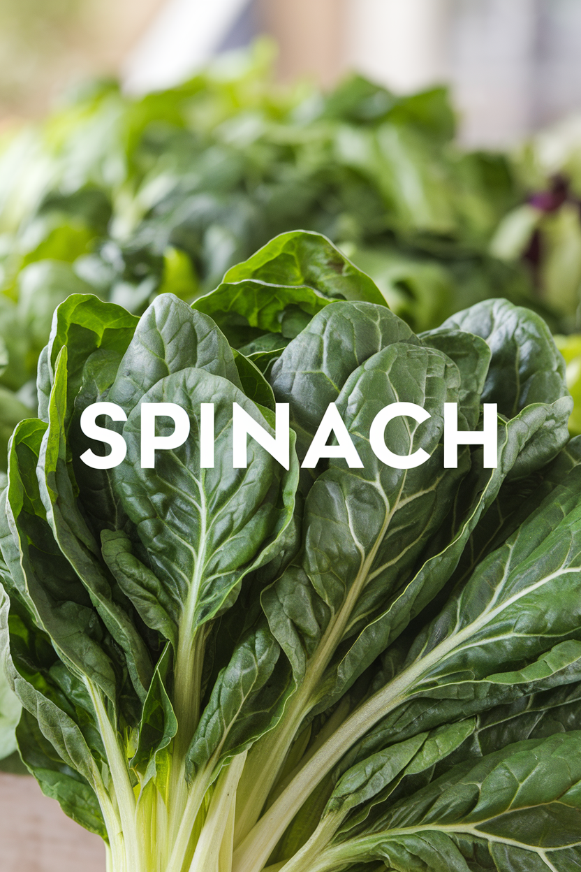 Close-up of fresh spinach leaves with prominent green hues. The word "SPINACH" is overlaid in white text. Leaves appear crisp and vibrant.