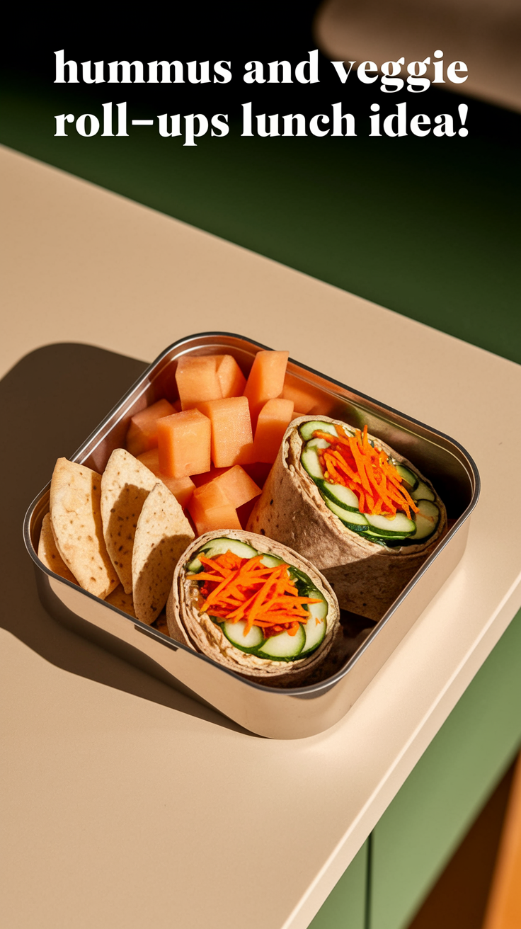 Lunchbox with hummus veggie roll-ups, cantaloupe cubes, pita slices on a beige surface. Text: "hummus and veggie roll-ups lunch idea!"