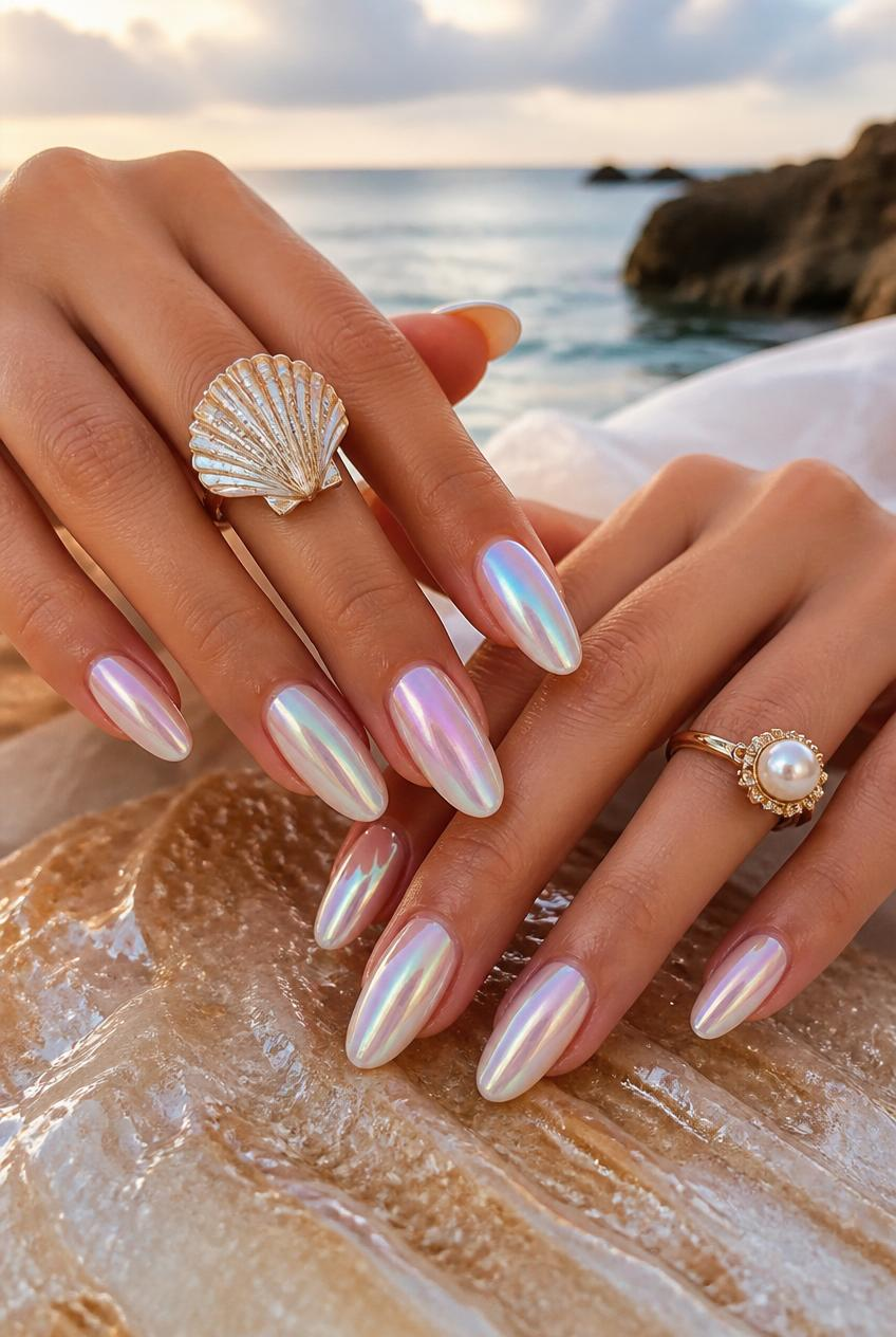 Hands with pearly chrome nails and gold shell and pearl rings rest on a rock by the sea at sunset.