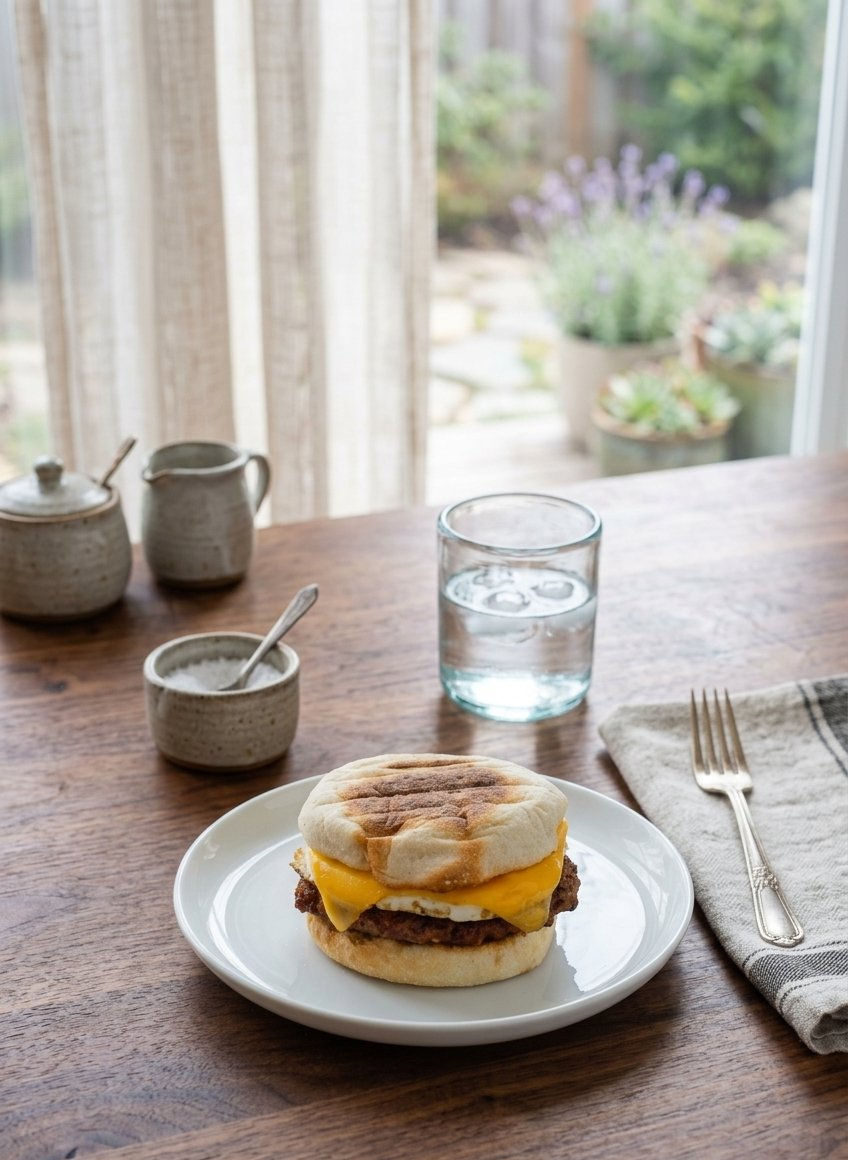Sausage Egg McMuffin copycat sandwich, assembled and ready to serve.