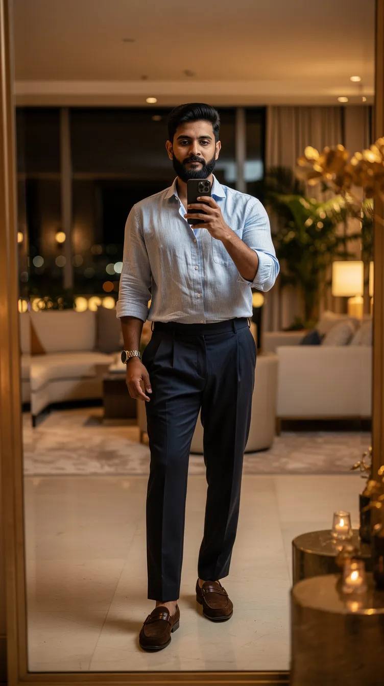 Man in a light blue shirt and dark pants taking a mirror selfie in a stylish, warmly lit living room with beige furniture and plants.