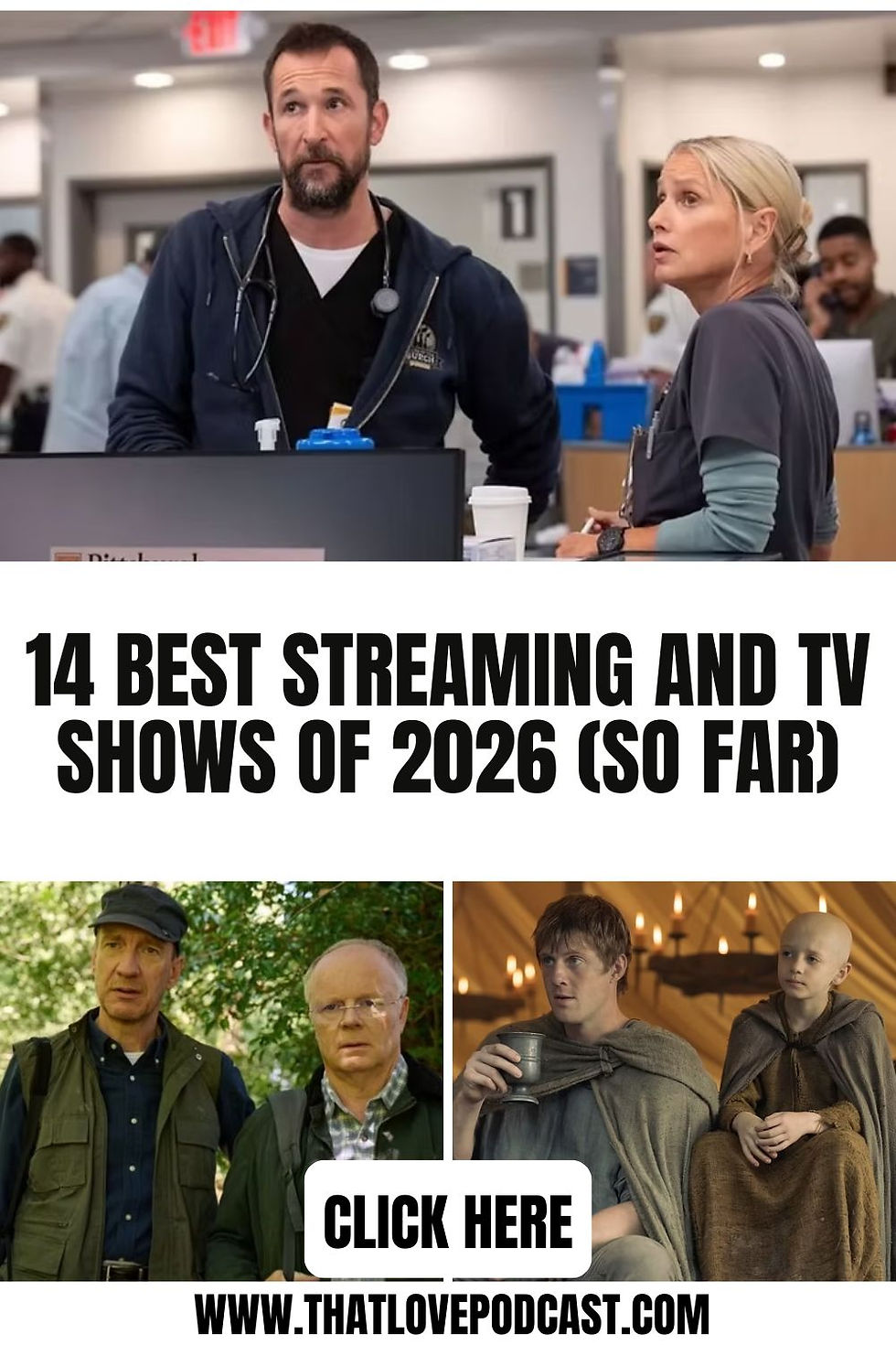 Two people converse in a busy office. Below, images of four people outdoors and indoors. Text: 14 Best Streaming and TV Shows of 2026.