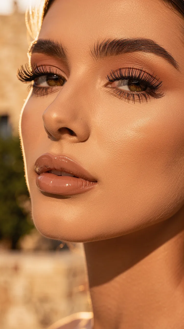 Close-up of a woman's face with smooth skin, glossy nude lips, and defined eyebrows under sunlight. Blurred natural background.