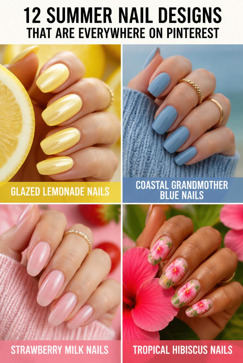 Collage of four summer nail ideas: yellow glazed lemonade, blue coastal, pink strawberry milk, and floral hibiscus nails.