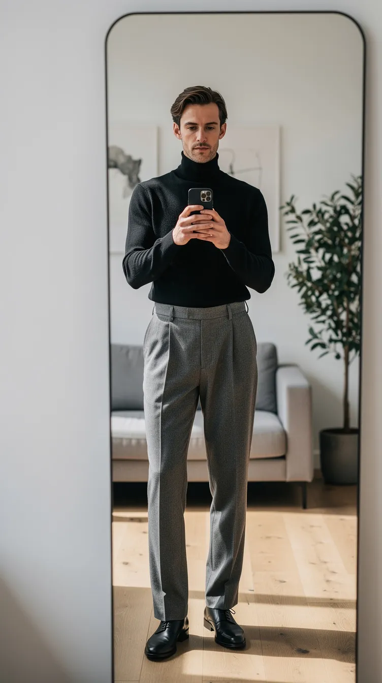 Black Turtleneck + Grey Wool Trousers