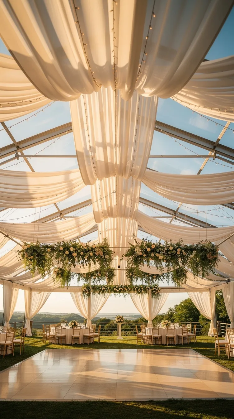 Opulent outdoor venue with flowing white drapes and hanging greenery. Warm sunlight, round tables, and chairs on grass, creating a serene ambiance.
